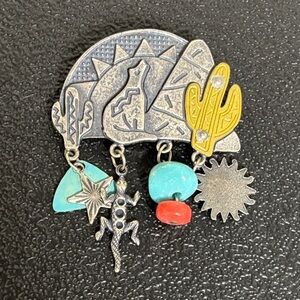 NEWPRO SOUTHWESTERN BLUE CACTUS & LIZARD BROOCH PIN Beaded